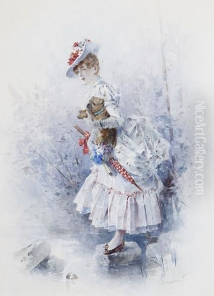Fashionable Ladies With Their Pets, A Pair Oil Painting by Philippe Jacques Linder