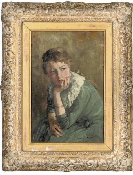 Portrait Of A Young Girl, Seated Half-length, In A Blue Dress Oil Painting by Ferdinand Ernst Lintz