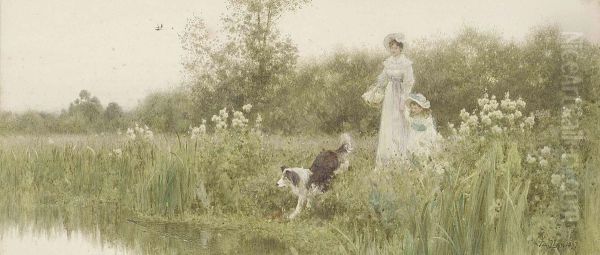 A Mother And Child With Their Sheepdog On The Banks Of Ariver Oil Painting by Thomas Lloyd