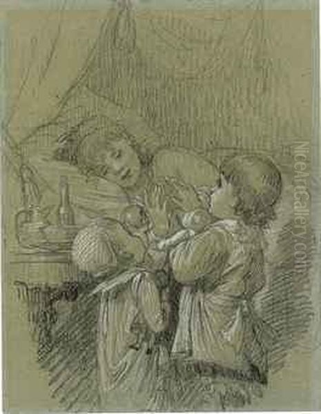 Two Children Waking Their Mother Oil Painting by Timoleon Marie Lobrichon