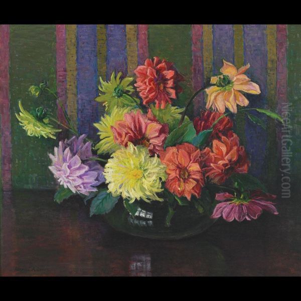 Still Life - Bowl Of Dahlias Oil Painting by Harriet Randall Lumis