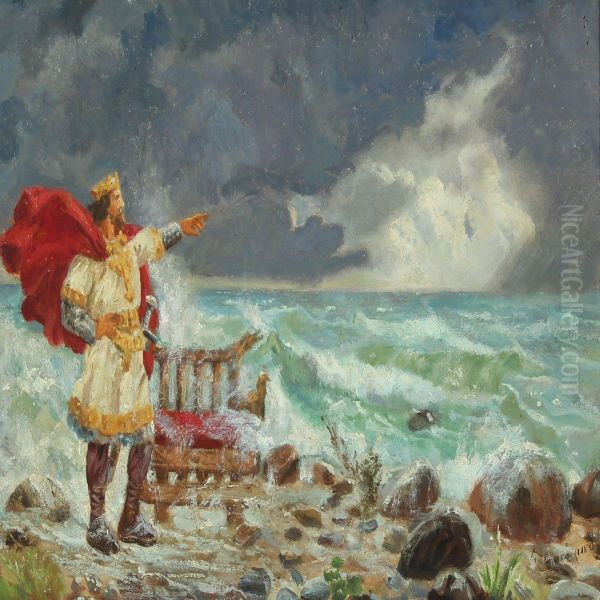 Knud Den Store Staende Ved Havet Oil Painting by Anker Lund