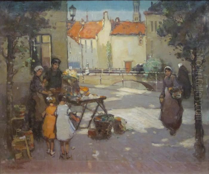 Belgian Market Stall Oil Painting by Thomas Bonar Lyon
