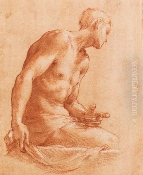 A Partly Draped Nude Seated On A Balustrade Oil Painting by Girolamo Macchietti Del Crocefissaio
