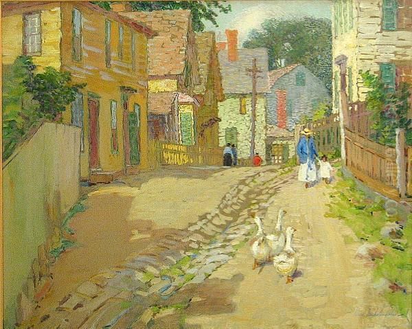 Ducks Walking Through Town Oil Painting by Mary Nicholena Maccord