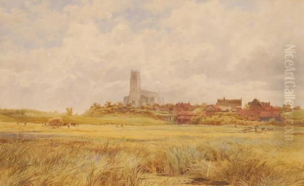 Harvest View Towards A Cathedral Town Oil Painting by James Macculloch