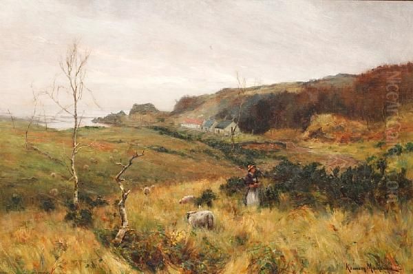 A Coastal Hamlet, With A Girl Tending Sheep Tothe Foreground Oil Painting by Kenneth Mackenzie