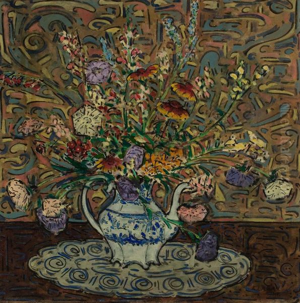 Bouquet Of Flowers In A Blue And White Teapot Oil Painting by Elmer Livingston Macrae