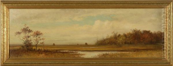 Marsh Landscape With Haystacks, Likely Nantucket Oil Painting by William Ferdinand Macy