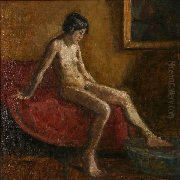 A Nude Female In A Sofa Oil Painting by Karl Madsen
