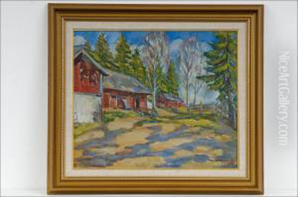 Pihapiiri - Gardsvy. Oil Painting by Arvo Makkonen