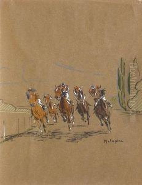 Course De Chevaux, Le Virage. Oil Painting by Louis-Ferdinand Malespina