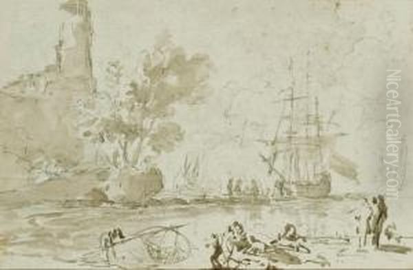 Pecheurs Remontant Des Filets A L'entree D'un Port Oil Painting by Adriaen Manglard