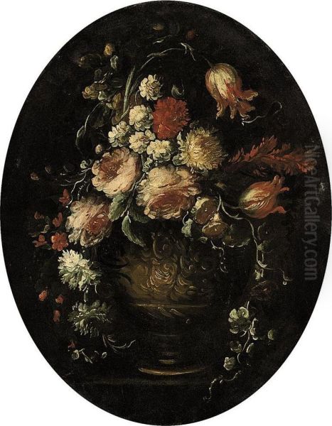 Roses, Parrot Tulips, Carnations And Other Blooms In An Urn On Astone Ledge Oil Painting by Elisabetta Marchioni