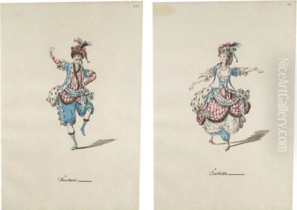 Three Pairs Of Designs For Theatrical Costumes: Tartaro And Tartara; Pastore And Pastora; And Cavaliere Del 5 Oil Painting by Leonardo Marini