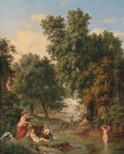 Circle Bathers By A Forest Stream Oil Painting by Karl I Marko