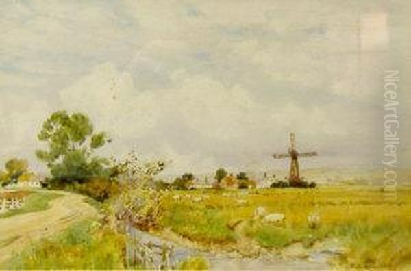 Rural Landscape Withcottages And A Windmill Oil Painting by Herbert Menzies Marshall