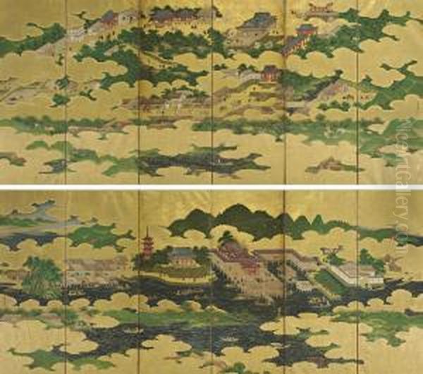 Hasedera Temple And Itsukushima Shrine Oil Painting by Kano Masunobu