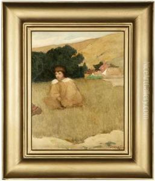 Portrait Of A Young Girl Seated In A Meadow Oil Painting by Lucia Kleinhans Mathews