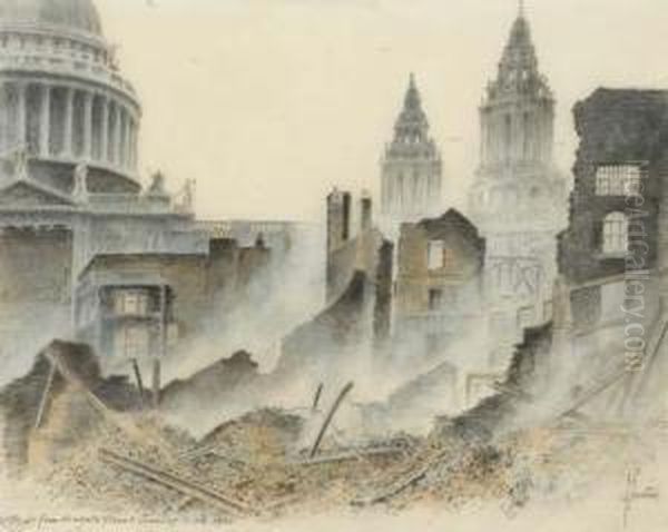 After The Blitz; St Paul's From Newgate Street Oil Painting by Richard George Mathews