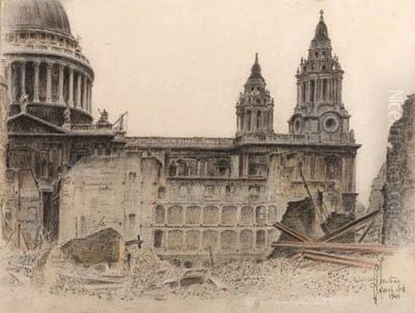 St. Paul's After The Blitz Oil Painting by Richard George Mathews