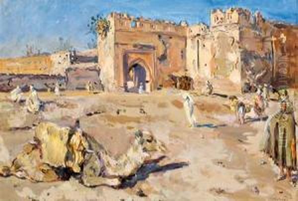 Promeneurs A L'entree D'unemedina Au Maroc Oil Painting by Gill Julien Matthey
