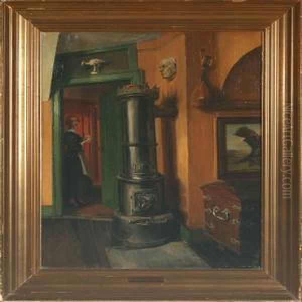 Interior With A Woman In A Doorway Oil Painting by Hjalmar Matthiesen