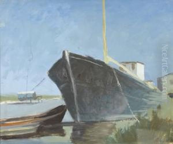 Flussufer Mit Kahn Und Booten Oil Painting by Emo Mazzetti