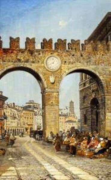 Continental Street Scene With Street Vendors Oil Painting by Arthur Joseph Meadows