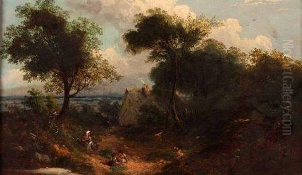 Figures In A Country Lane With Cottage Beyond Oil Painting by Edwin Long Meadows