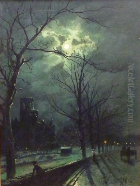 Kirkstall Abbey Leeds By Moonlight Oil Painting by Walter Meegan