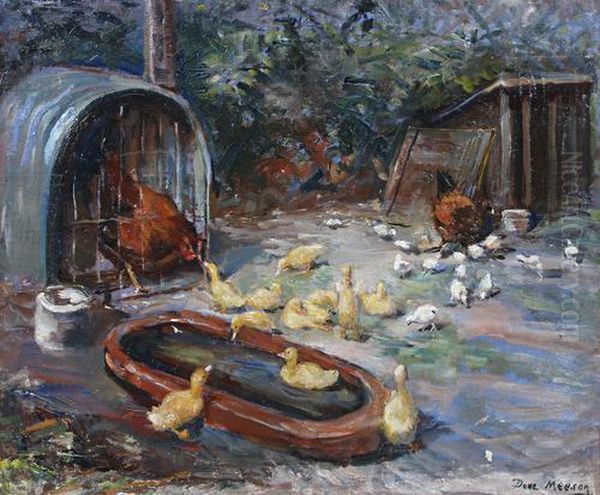 Hens With Chicks Bathing Oil Painting by Dora Meeson