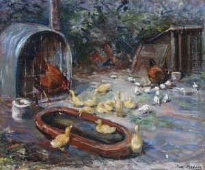 Hens With Chicks Bathing