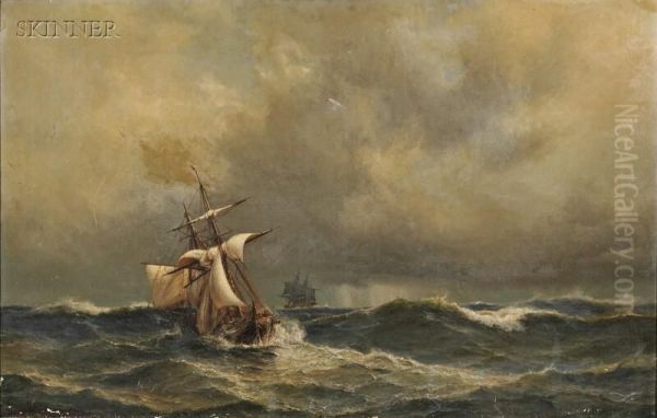 Sailing Ships In Heavy Seas Oil Painting by Anton Melbye