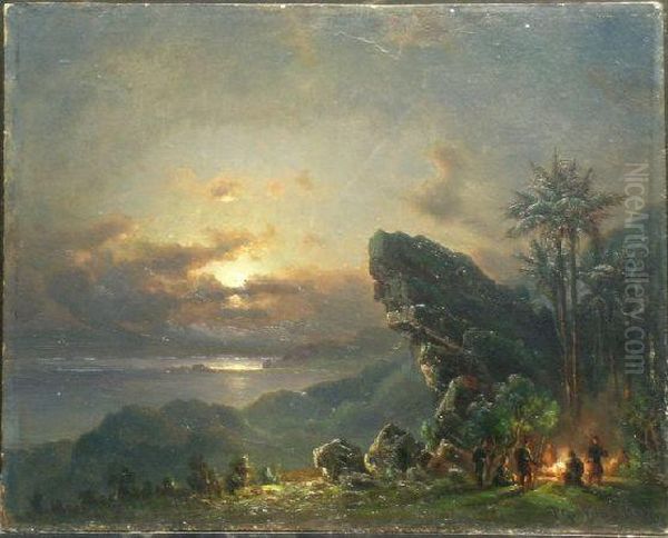 Encampment At Sunset In The Tropics Oil Painting by Fritz Sigfried G. Melbye