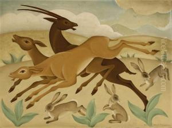 Stylized Desert Landscape With Springbok And Rabbits Oil Painting by Knut Merrild