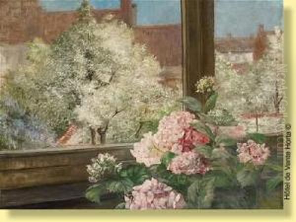 Hortensias Sur Fond D'arbres En Fleurs Oil Painting by Georgette Meunier