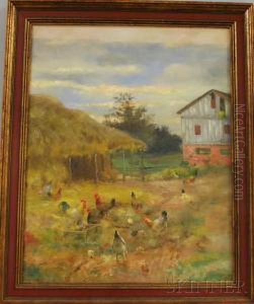 Farmyard Scene With Chickens Oil Painting by Charles Alfred Meurer