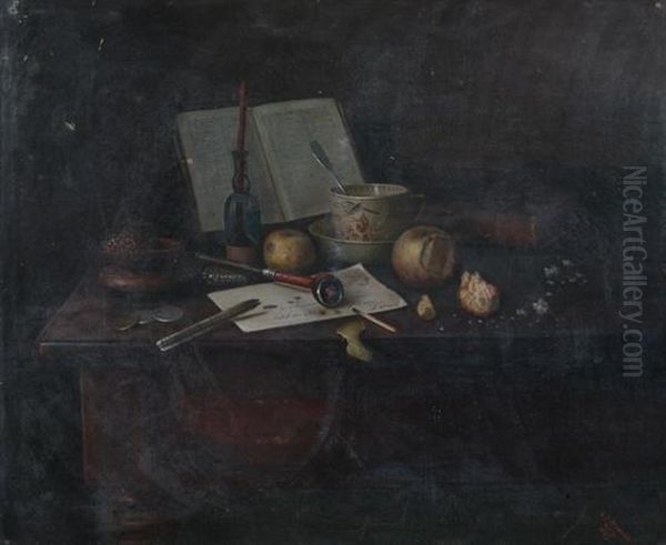 Tabletop Still Life With Pipe, Tobacco, Letter, Candles, Booksand Coins Oil Painting by Charles Alfred Meurer