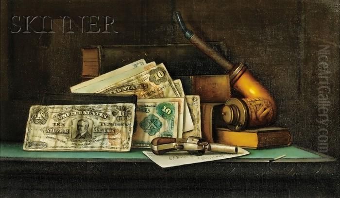 Still Life With Currency, Pipe, And Pistol Oil Painting by Charles Alfred Meurer