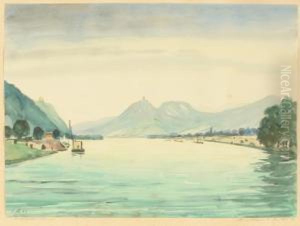 Rheinansicht Mit Blick Auf Das Siebengebirge, Unkel Und Den Drachenfels Oil Painting by Ernst Meurer