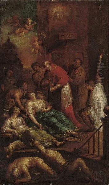 Saint Carlo Borromeo Administering Extreme Unction To Victims Of The Plague Oil Painting by Andrea Michieli Vicentino