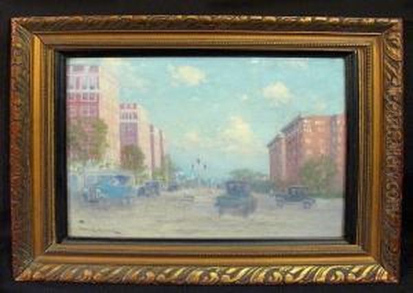 A City Street Scene Oil Painting by Arthur Mitchell