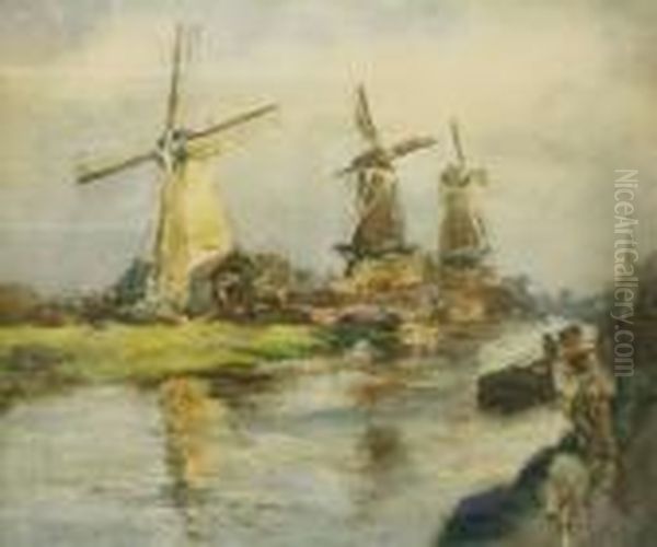 Drie Molens Aan Een Vaart, Mogelijk Stompwijk Oil Painting by Evert Moll