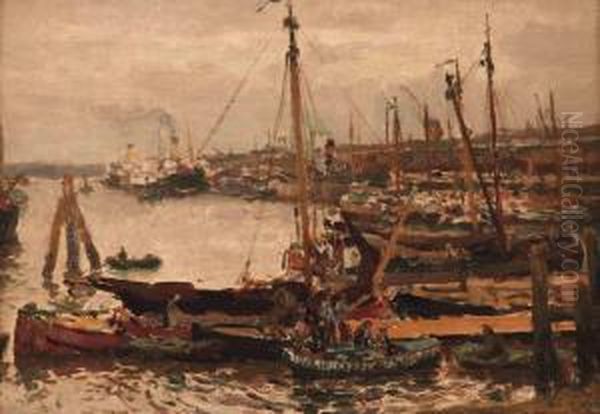A View Of A Busy Harbour Oil Painting by Evert Moll