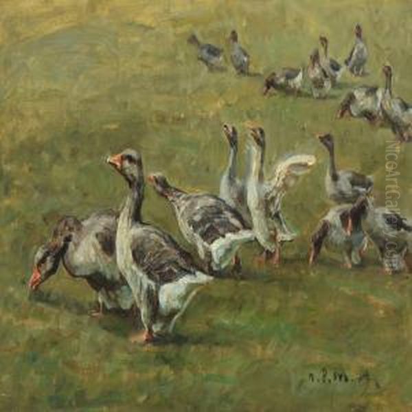 Geese In The Field Oil Painting by Niels Pedersen Mols