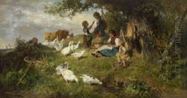 Dachauer Bauerin Mit Kindern Oil Painting by Antonio (Antonis Matteo) Montemezzo