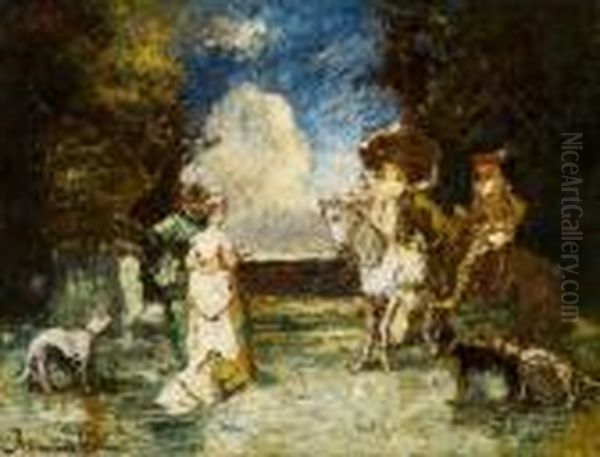 Deux Couples Conversant Oil Painting by Adolphe Joseph Thomas Monticelli