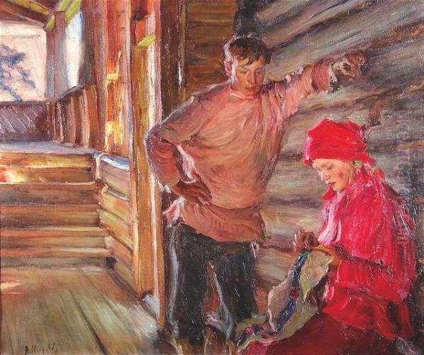 Young Russian Couple Conversing. Oil/canvas, Signed Oil Painting by Alexander Victor Moravov