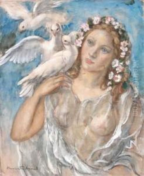 Jeune Femme Aux Colombes Oil Painting by Henriette Morel